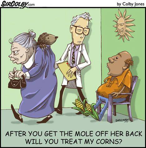 SirColby cartoon: 'After you get the mole off her back will you treat my corns?'